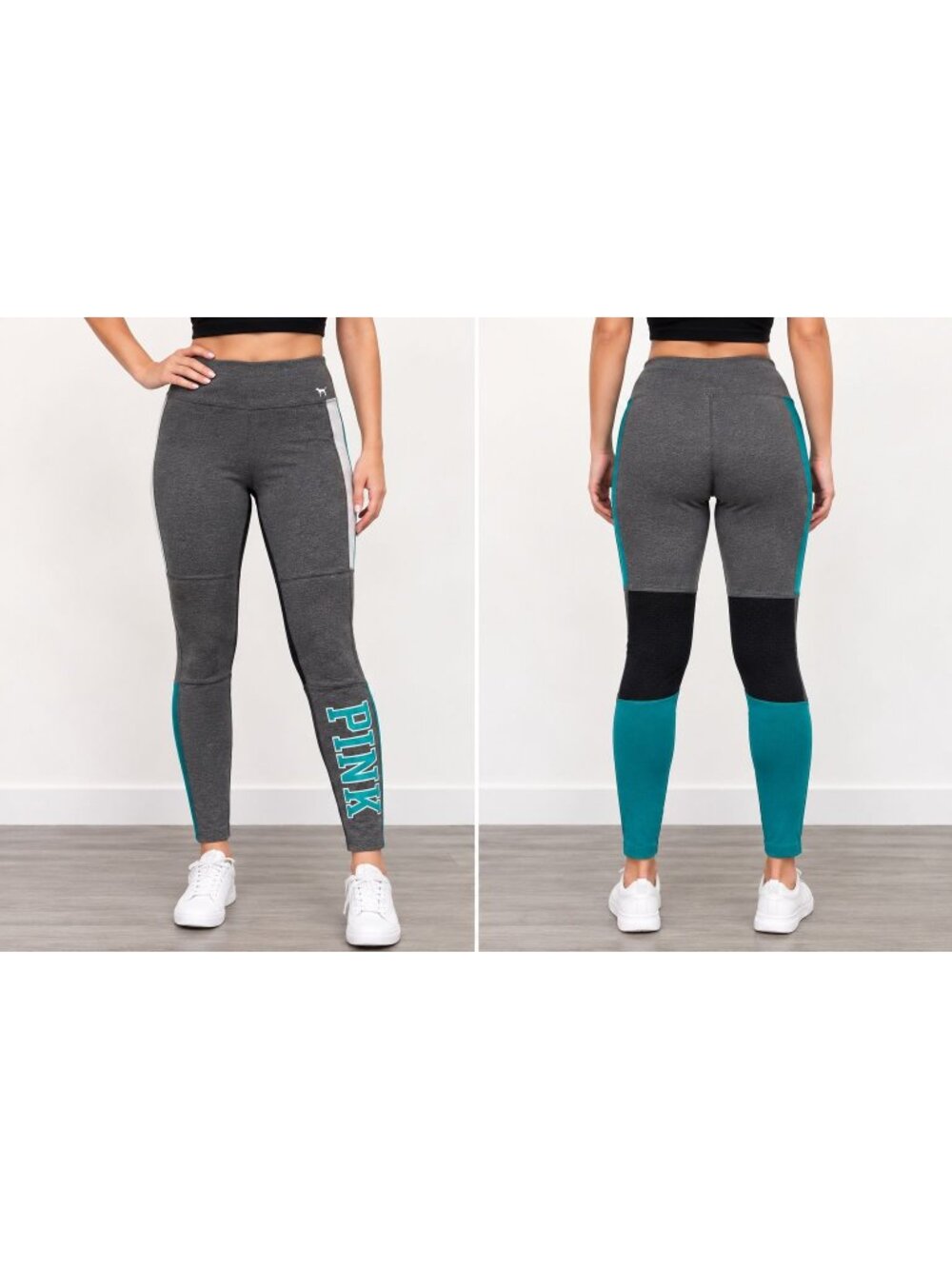 Victorias Secret Pink Yoga Leggings Gray Teal Colorblock Size Small Full-Length